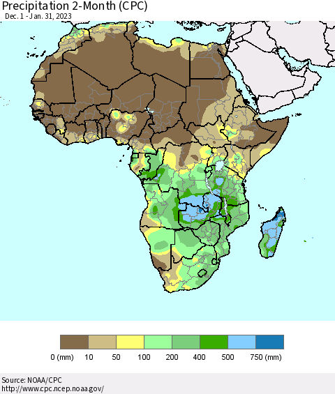 Africa Precipitation 2-Month (CPC) Thematic Map For 12/1/2022 - 1/31/2023