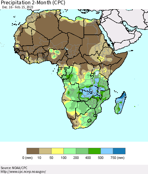 Africa Precipitation 2-Month (CPC) Thematic Map For 12/16/2022 - 2/15/2023