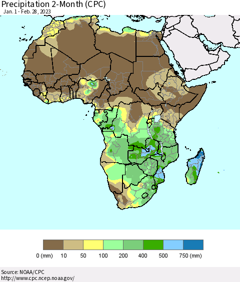 Africa Precipitation 2-Month (CPC) Thematic Map For 1/1/2023 - 2/28/2023