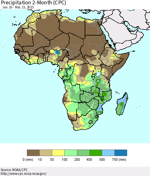 Africa Precipitation 2-Month (CPC) Thematic Map For 1/16/2023 - 3/15/2023