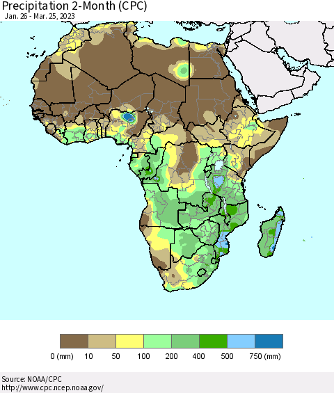 Africa Precipitation 2-Month (CPC) Thematic Map For 1/26/2023 - 3/25/2023