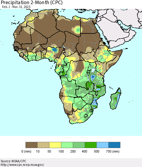 Africa Precipitation 2-Month (CPC) Thematic Map For 2/1/2023 - 3/31/2023
