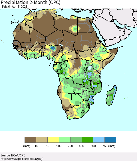 Africa Precipitation 2-Month (CPC) Thematic Map For 2/6/2023 - 4/5/2023