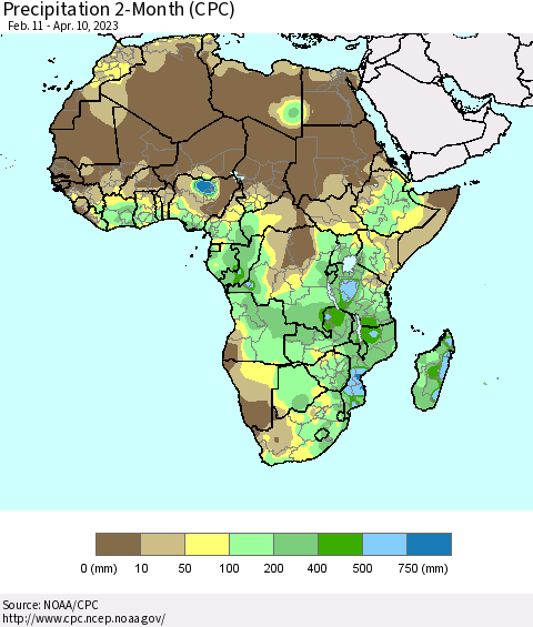 Africa Precipitation 2-Month (CPC) Thematic Map For 2/11/2023 - 4/10/2023