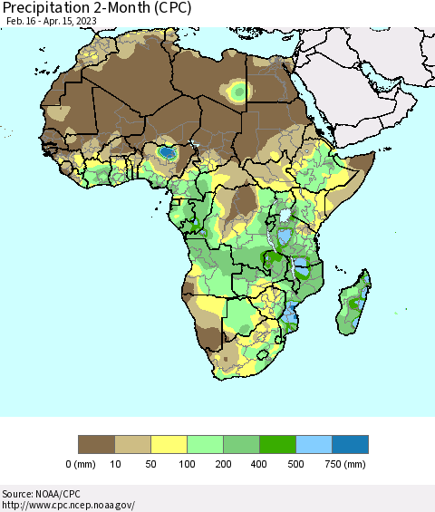 Africa Precipitation 2-Month (CPC) Thematic Map For 2/16/2023 - 4/15/2023