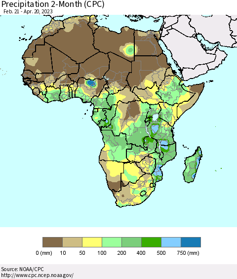 Africa Precipitation 2-Month (CPC) Thematic Map For 2/21/2023 - 4/20/2023