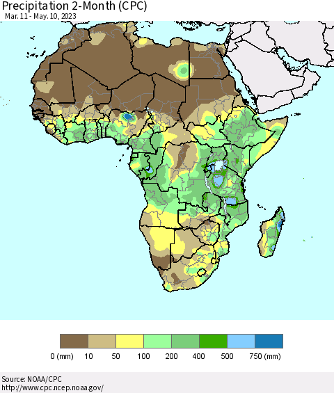 Africa Precipitation 2-Month (CPC) Thematic Map For 3/11/2023 - 5/10/2023