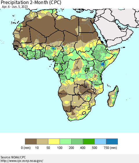 Africa Precipitation 2-Month (CPC) Thematic Map For 4/6/2023 - 6/5/2023