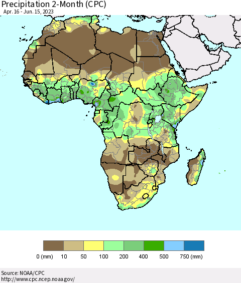 Africa Precipitation 2-Month (CPC) Thematic Map For 4/16/2023 - 6/15/2023