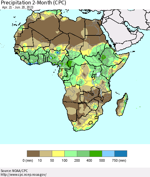 Africa Precipitation 2-Month (CPC) Thematic Map For 4/21/2023 - 6/20/2023