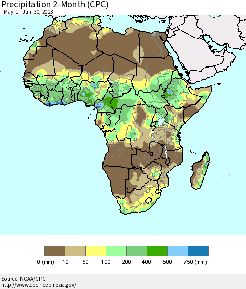 Africa Precipitation 2-Month (CPC) Thematic Map For 5/1/2023 - 6/30/2023