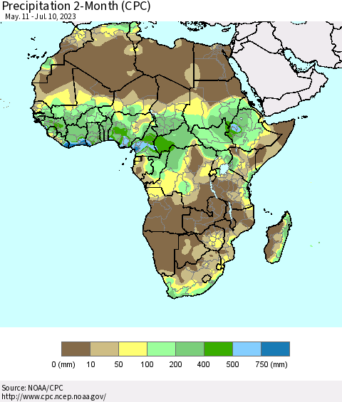 Africa Precipitation 2-Month (CPC) Thematic Map For 5/11/2023 - 7/10/2023