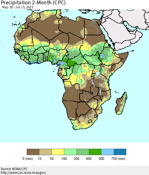 Africa Precipitation 2-Month (CPC) Thematic Map For 5/16/2023 - 7/15/2023