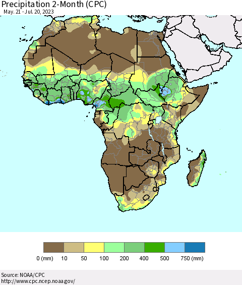 Africa Precipitation 2-Month (CPC) Thematic Map For 5/21/2023 - 7/20/2023
