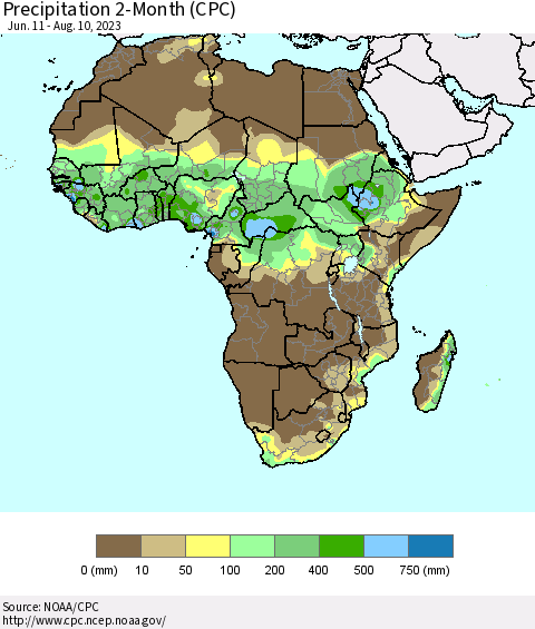 Africa Precipitation 2-Month (CPC) Thematic Map For 6/11/2023 - 8/10/2023