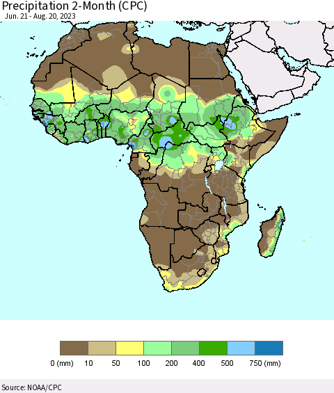 Africa Precipitation 2-Month (CPC) Thematic Map For 6/21/2023 - 8/20/2023