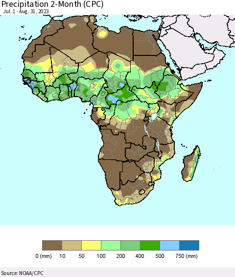Africa Precipitation 2-Month (CPC) Thematic Map For 7/1/2023 - 8/31/2023