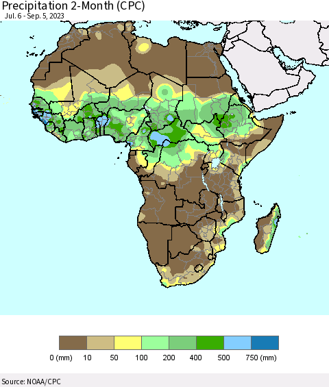 Africa Precipitation 2-Month (CPC) Thematic Map For 7/6/2023 - 9/5/2023