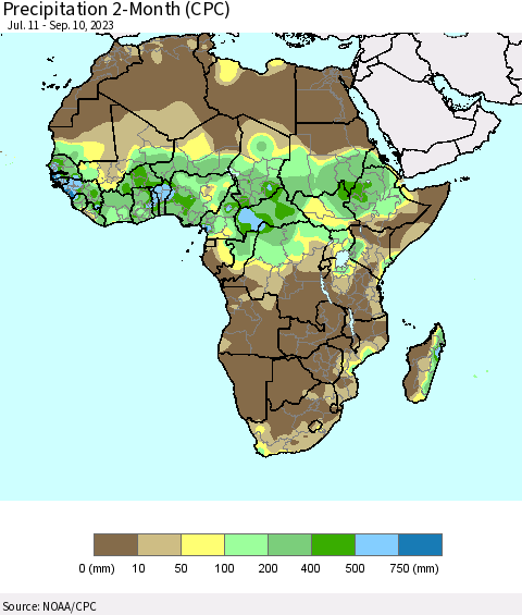 Africa Precipitation 2-Month (CPC) Thematic Map For 7/11/2023 - 9/10/2023