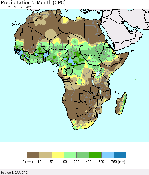 Africa Precipitation 2-Month (CPC) Thematic Map For 7/26/2023 - 9/25/2023