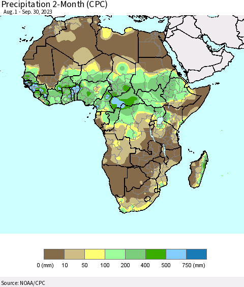 Africa Precipitation 2-Month (CPC) Thematic Map For 8/1/2023 - 9/30/2023