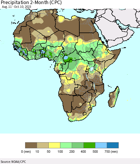 Africa Precipitation 2-Month (CPC) Thematic Map For 8/11/2023 - 10/10/2023