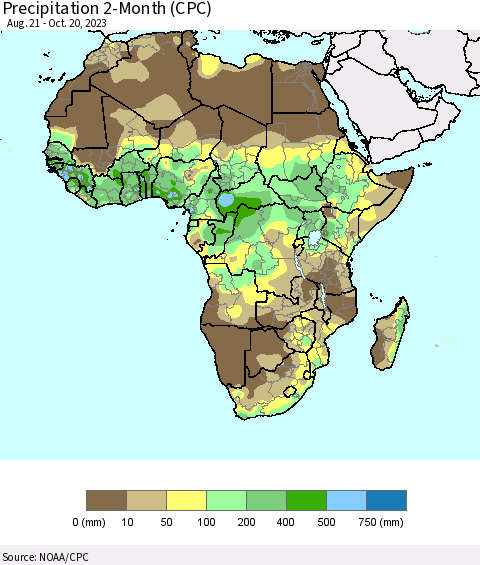 Africa Precipitation 2-Month (CPC) Thematic Map For 8/21/2023 - 10/20/2023