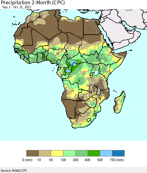 Africa Precipitation 2-Month (CPC) Thematic Map For 9/1/2023 - 10/31/2023