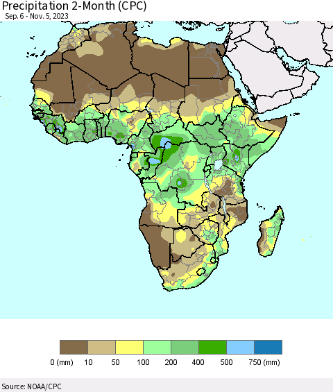 Africa Precipitation 2-Month (CPC) Thematic Map For 9/6/2023 - 11/5/2023