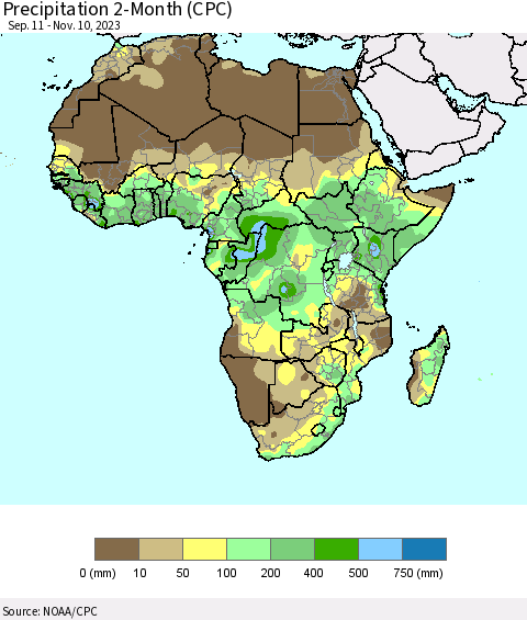 Africa Precipitation 2-Month (CPC) Thematic Map For 9/11/2023 - 11/10/2023