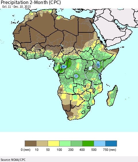 Africa Precipitation 2-Month (CPC) Thematic Map For 10/11/2023 - 12/10/2023
