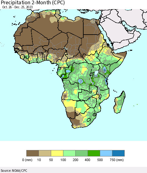 Africa Precipitation 2-Month (CPC) Thematic Map For 10/26/2023 - 12/25/2023