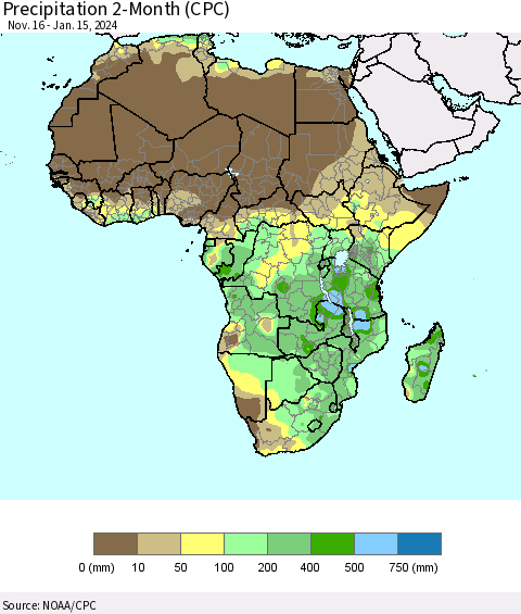 Africa Precipitation 2-Month (CPC) Thematic Map For 11/16/2023 - 1/15/2024