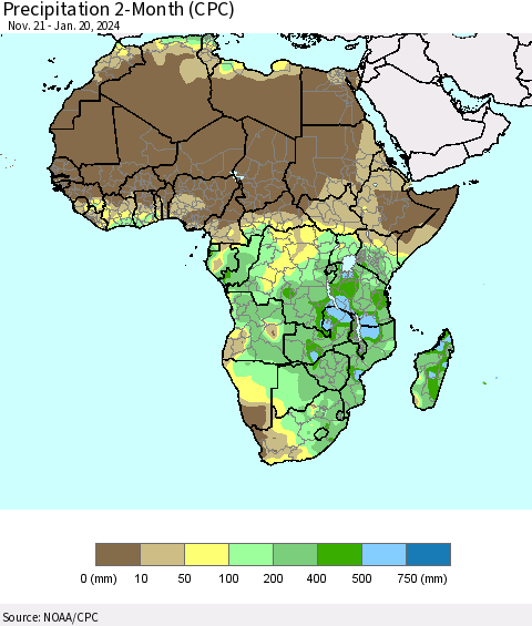 Africa Precipitation 2-Month (CPC) Thematic Map For 11/21/2023 - 1/20/2024
