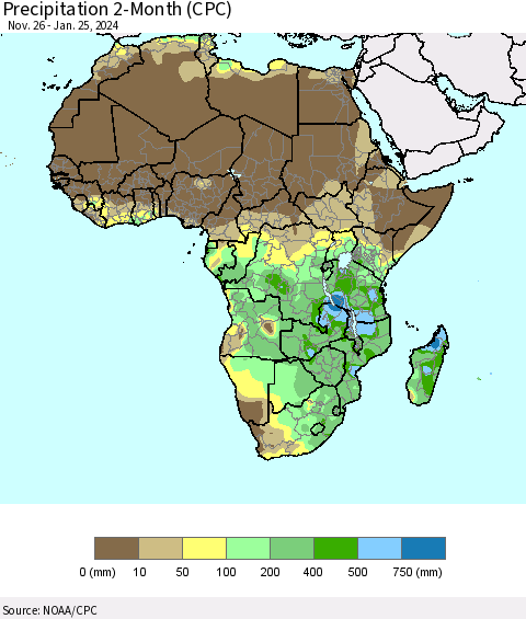 Africa Precipitation 2-Month (CPC) Thematic Map For 11/26/2023 - 1/25/2024