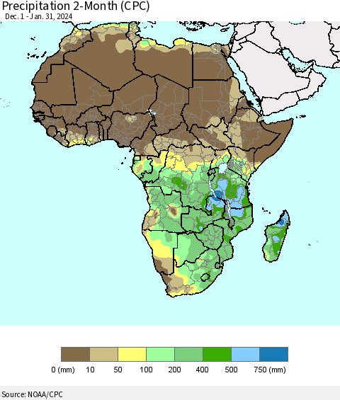 Africa Precipitation 2-Month (CPC) Thematic Map For 12/1/2023 - 1/31/2024