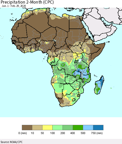 Africa Precipitation 2-Month (CPC) Thematic Map For 1/1/2024 - 2/29/2024