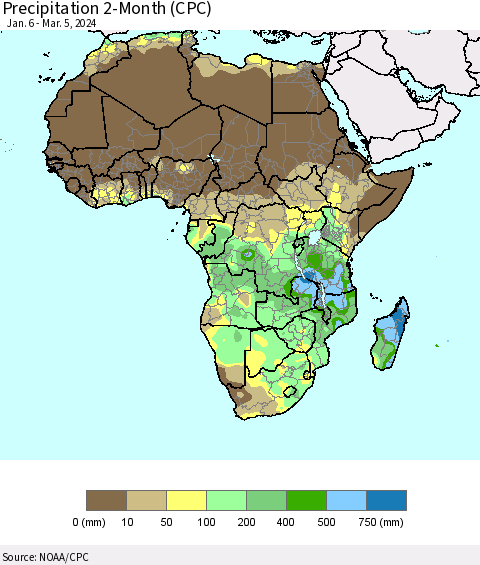 Africa Precipitation 2-Month (CPC) Thematic Map For 1/6/2024 - 3/5/2024