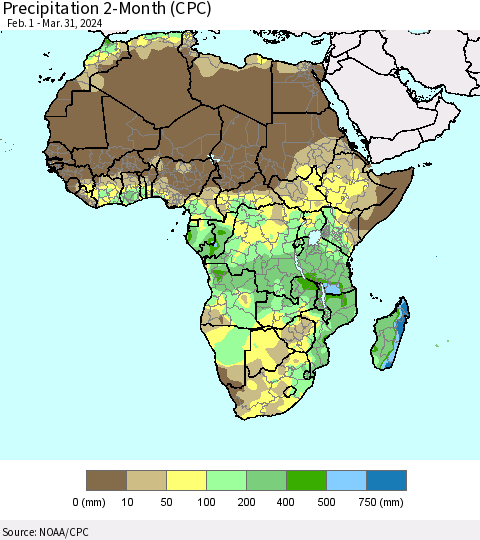 Africa Precipitation 2-Month (CPC) Thematic Map For 2/1/2024 - 3/31/2024