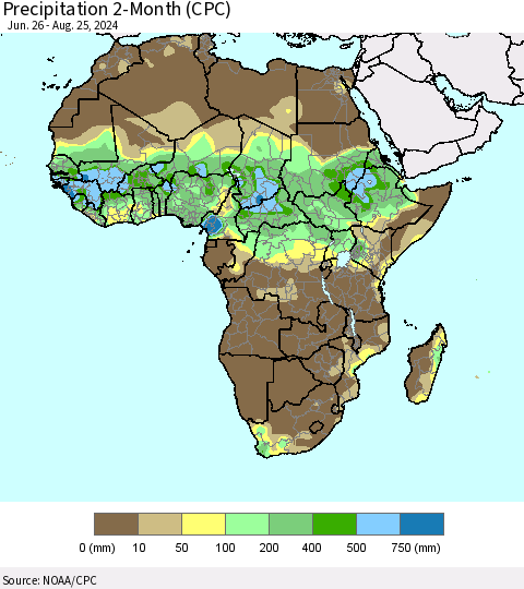 Africa Precipitation 2-Month (CPC) Thematic Map For 6/26/2024 - 8/25/2024
