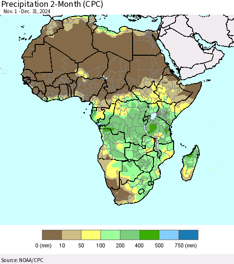 Africa Precipitation 2-Month (CPC) Thematic Map For 11/1/2024 - 12/31/2024