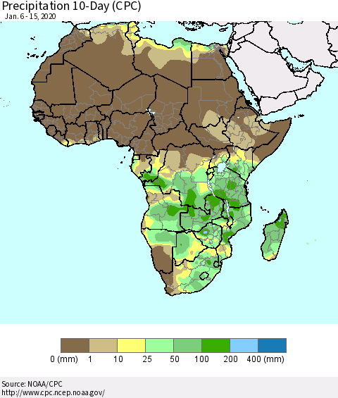 Africa Precipitation 10-Day (CPC) Thematic Map For 1/6/2020 - 1/15/2020