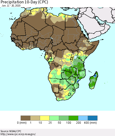 Africa Precipitation 10-Day (CPC) Thematic Map For 1/11/2020 - 1/20/2020
