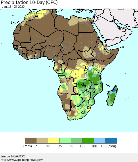 Africa Precipitation 10-Day (CPC) Thematic Map For 1/16/2020 - 1/25/2020