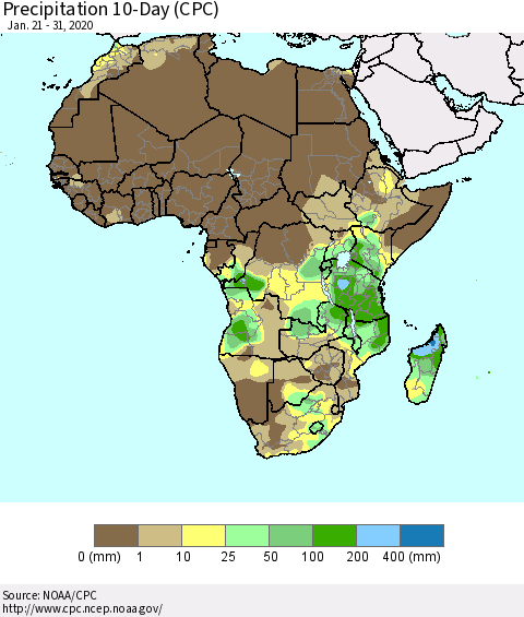 Africa Precipitation 10-Day (CPC) Thematic Map For 1/21/2020 - 1/31/2020