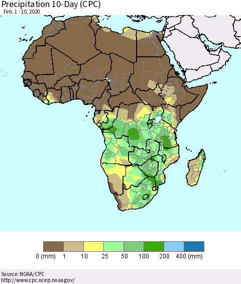 Africa Precipitation 10-Day (CPC) Thematic Map For 2/1/2020 - 2/10/2020