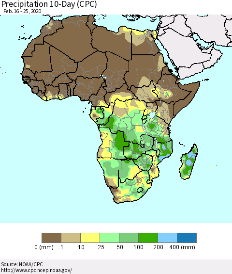 Africa Precipitation 10-Day (CPC) Thematic Map For 2/16/2020 - 2/25/2020
