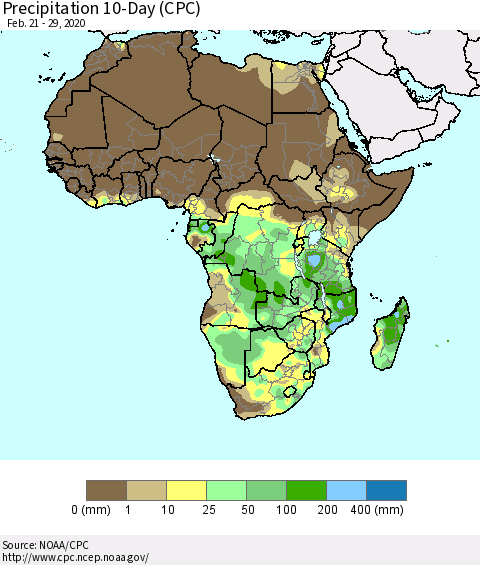 Africa Precipitation 10-Day (CPC) Thematic Map For 2/21/2020 - 2/29/2020