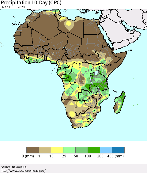 Africa Precipitation 10-Day (CPC) Thematic Map For 3/1/2020 - 3/10/2020