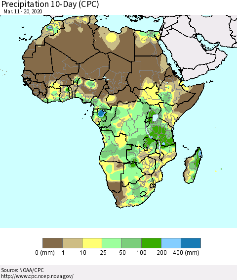 Africa Precipitation 10-Day (CPC) Thematic Map For 3/11/2020 - 3/20/2020